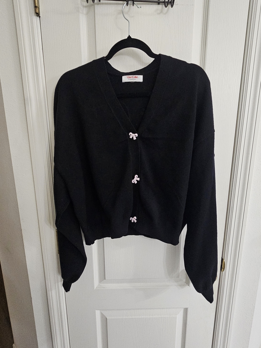 Black V-Neck Cardigan Sweater with Pink Bow Buttons